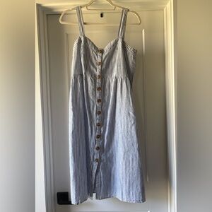 Seraphine Blue and White Striped Button-Front Linen Midi Sundress US 8Petite